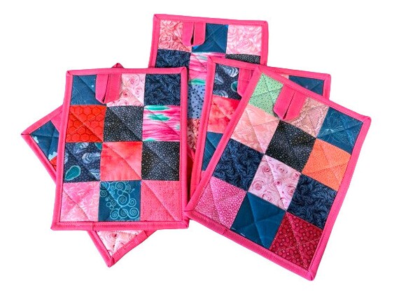 Pocket Pot Holders with Pink and Blue Quilted Fabric Patchwork