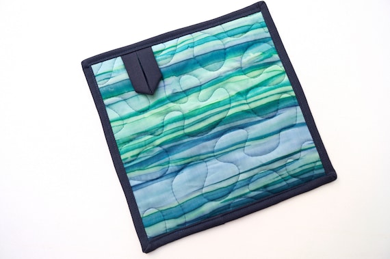 Quilted Batik Fabric Pot Holder with Waves in Shades of Blue, with Hanging Tab Option