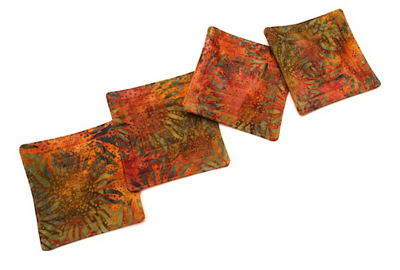 Quilted Batik Fabric Coasters with Fall Color Sunflowers, Vibrant Orange and Brown Drink Ware, Set of Four