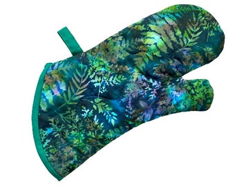 Quilted Oven Mitt with Botanical Green and Blue Batik Fabric. with Hanging Tab Options