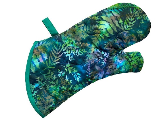 Quilted Oven Mitt with Botanical Green and Blue Batik Fabric. with Hanging Tab Options