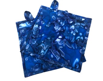 Quilted Pot Holders with Hand Dyed Blue Batik Fabric, Choice of One or Set of Two with Hanging Tab Option