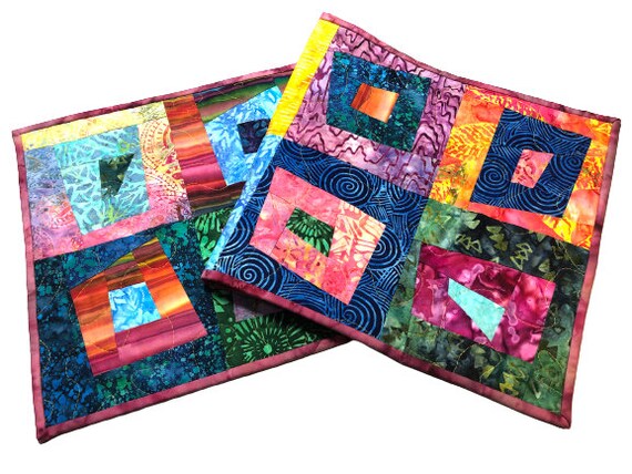Quilted Batik Fabric Table Runner with Colorful and Vibrant Modern Patchwork