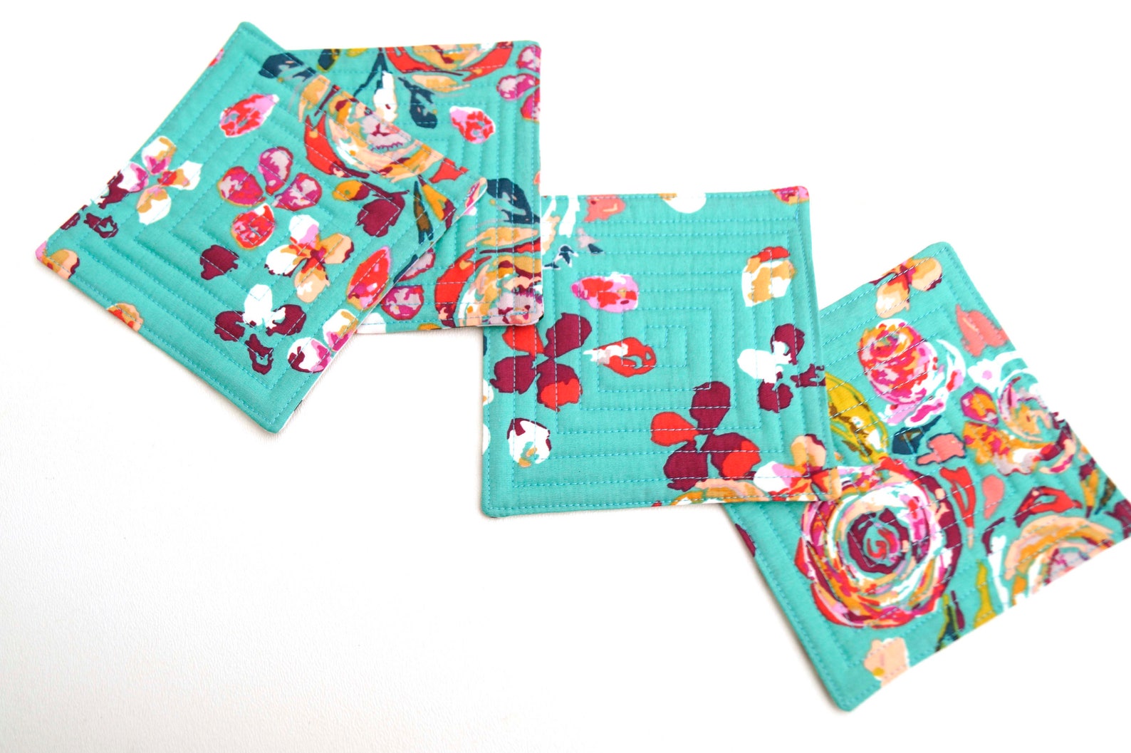 Quilted Coasters Set of Four in Floral Fabric Colorful Modern Etsy