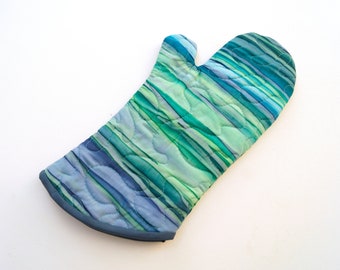 Quilted Batik Fabric Oven Mitt with Stripes in Shades of Blue with Hanging Tab Option