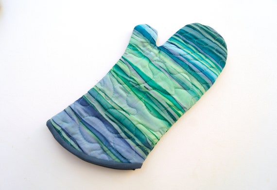 Quilted Batik Fabric Oven Mitt with Stripes in Shades of Blue with Hanging Tab Option