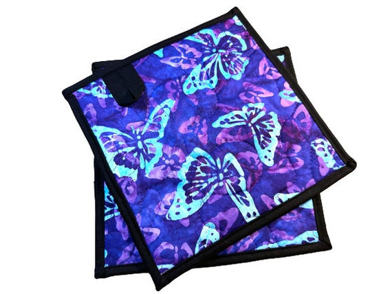 Butterfly Batik Quilted Fabric Pot Holders in Pink Blue and Purple, with Quantity & Hanging Tab Options