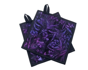 Quilted Batik Fabric Pot Holders with Purple Floral Pattern, Choice of One or Set of Two with Hanging Tab Option