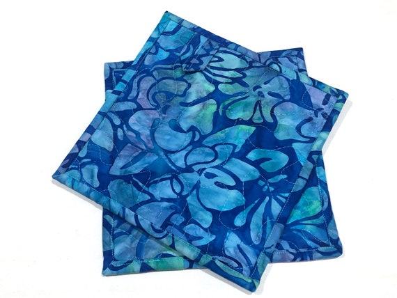 Batik Quilted Fabric Pot Holders with Blue Floral Print, Choice of One or Two with Hanging Tab Option