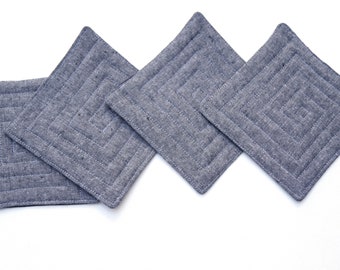 Fabric Coasters in Charcoal Grey Linen Fabric, Set of Four, Minimalist Cloth Drink Ware