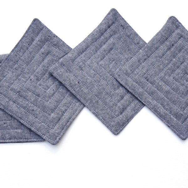 Fabric Coasters in Charcoal Grey Linen Fabric, Set of Four, Minimalist Cloth Drink Ware