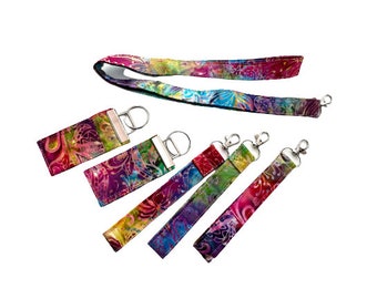 Colorful Lanyard and Chap Stick Holder Key Chain Options in Hand Dyed Batik fabric