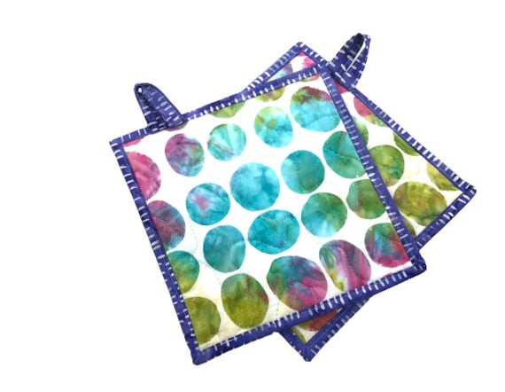 Quilted Batik Fabric Pot Holders with Colorful Hand Dyed Circle Print, with Hanging Tab Option