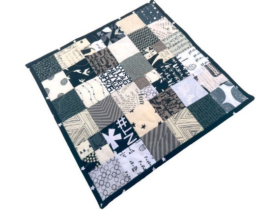 Quilted Fabric Table Topper, Place Mat or Wall Hanging with Black and White Patchwork