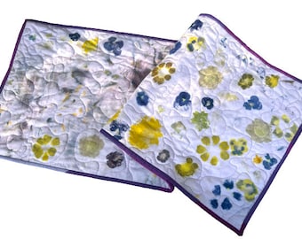 Flower Print Quilted Fabric Table Runner, Natural Dyed Cloth Wall Hanging