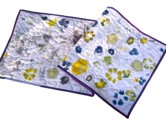 NEEDS UPDATING Flower Print Quilted Fabric Table Runner, Natural Dyed Cloth Wall Hanging