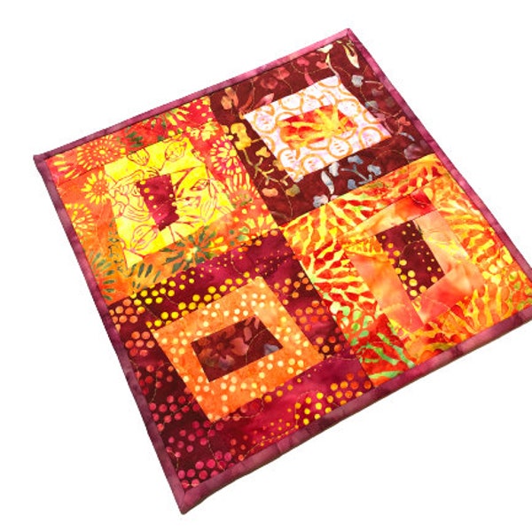 Mini Quilt, Mug Rug or Table Topper with Colorful Hand Dyed Fabric Patchwork