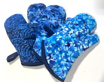 Floral Quilted Oven Mitt with Hand Dyed Batik Fabric in Shades of Blue, with Hanging Tab Option
