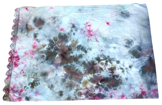 Vintage Ice Dyed Pillow Case with Lace Trim in Pink and Purple