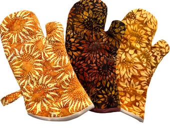 Sunflower Quilted Oven Mitt in Yellow Brown and Orange Batik Fabric with Hanging Tab Option