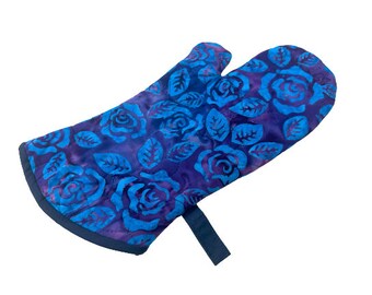 Quilted Batik Fabric Oven Mitt with Blue and Purple Floral Pattern