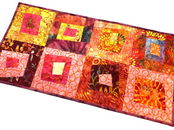 Quilted Table Runner in Botanical Batik Fabrics, Modern Patchwork Wall Hanging