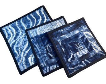 Quilted Pot Holders with Indigo Blue Shibori Fabric