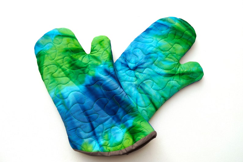 Quilted Batik Fabric Oven Mitt in Shades of Blue and Green Vibrant Jewel Tone Cloth Kitchen Linen
