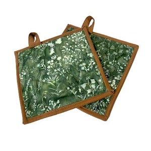 Quilted Batik Green Fabric Pot Holders, with Hanging Tab Option