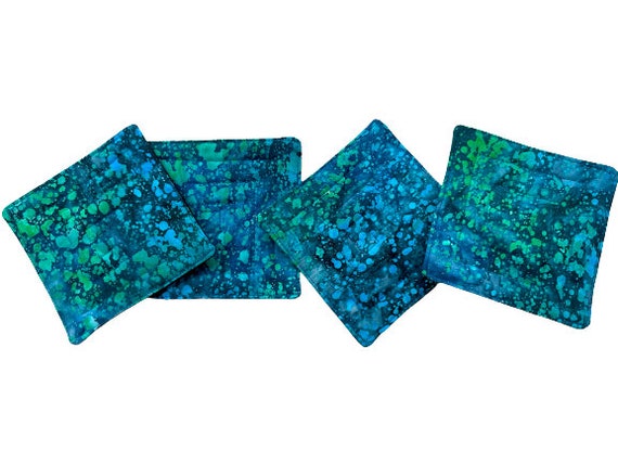 Quilted Batik Fabric Coasters in Blue Splatter Pattern, Set of Four