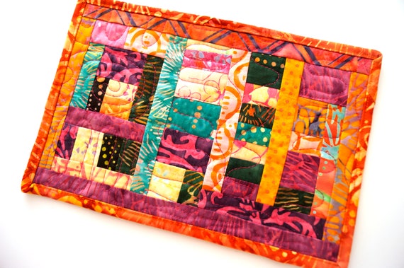 Patchwork Mini Quilt in Tropical Batik Fabrics, Colorful Quilted Mug Rug, Candle Mat, Small Place Mat