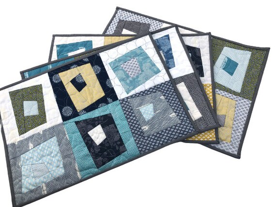 Quilted Place Mats with Abstract Patchwork, Modern Table Toppers