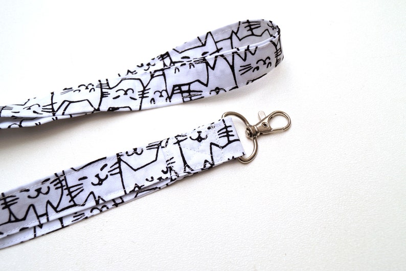 Black and White Cat Fabric Accessory Set with Lanyard, Wristlet Key Chain & Chap Stick Holder, Choice of Set or Individual Item image 3