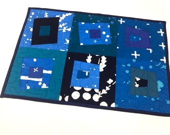 Quilted Batik Fabric Place Mat or Wall Hanging with Modern Patchwork in Shades of Blue