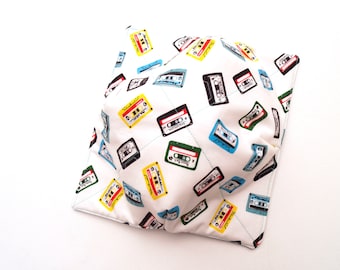 Cassette Tape Microwave Bowl Cozy with Rock and Roll Theme Fabric, Soup Bowl Grabber, Ice Cream Bowl Holder