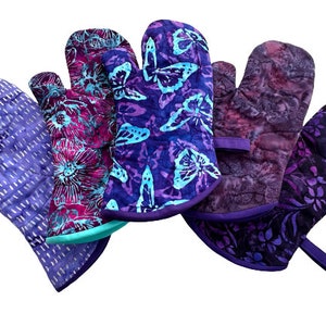 Quilted Oven Mitt with Purple Hand Dyed Batik Fabric, with Hanging Tab Option