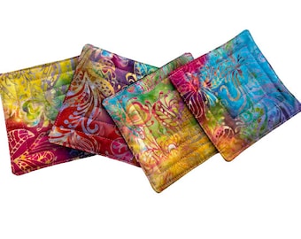 Quilted Fabric Coasters with Colorful Paisley Batik Fabric, Set of Four