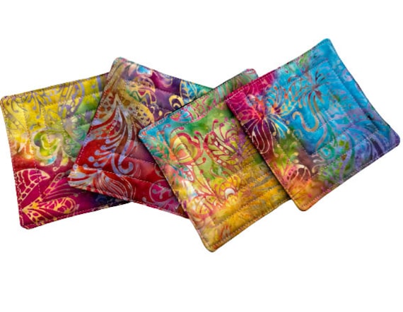 Quilted Fabric Coasters with Colorful Paisley Batik Fabric, Set of Four