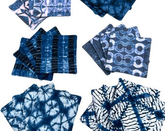 Quilted Fabric Coasters in Shibori Indigo Blue Print, Set of Four
