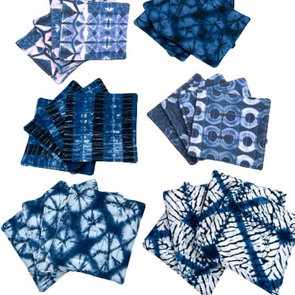 Quilted Fabric Coasters in Shibori Indigo Blue Print, Set of Four