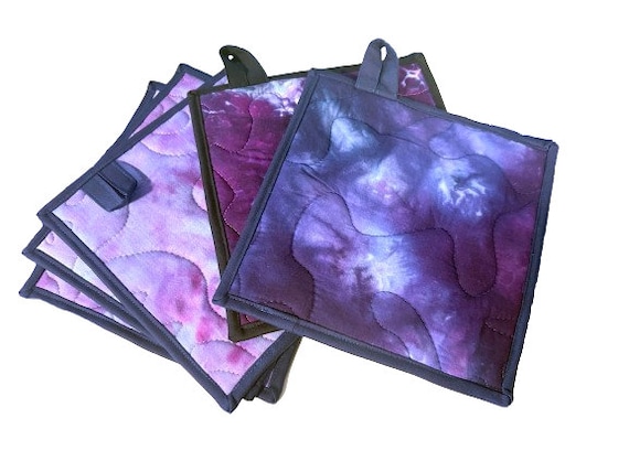 Quilted Fabric Pot Holders with Hand Dyed Purple Ice Dye Print