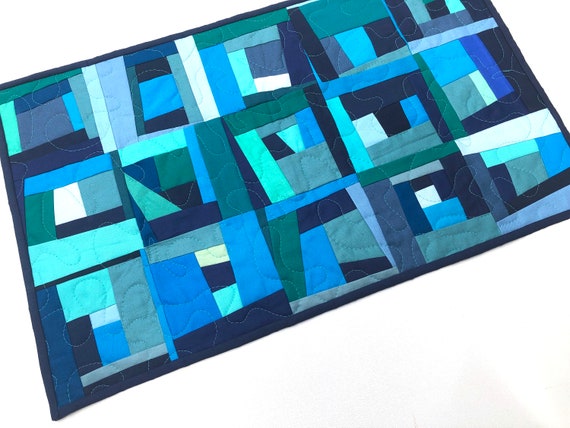 Modern Quilted Fabric Table Runner with Blue and Green Patchwork