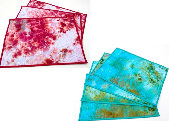 Quilted Placemats with Hand Dyed Cotton Fabric in Shades of Red or Blue and Green