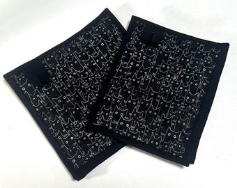 Cat Quilted Fabric Pot Holders In Black and White, with Hanging Tab Option