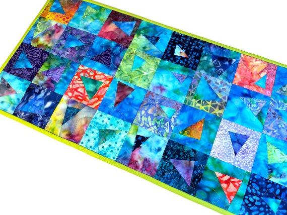Quilted Table Runner in Vibrant Batik Fabrics, Colorful Modern Patchwork Table Decor