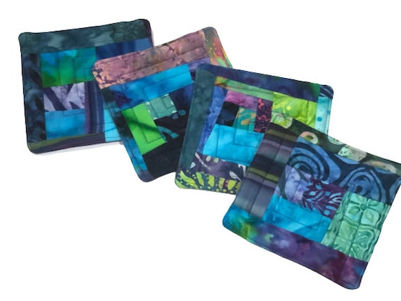 Quilted Coasters in Colorful Patchwork, Tropical Batik Fabric Drink Ware, Set of Four