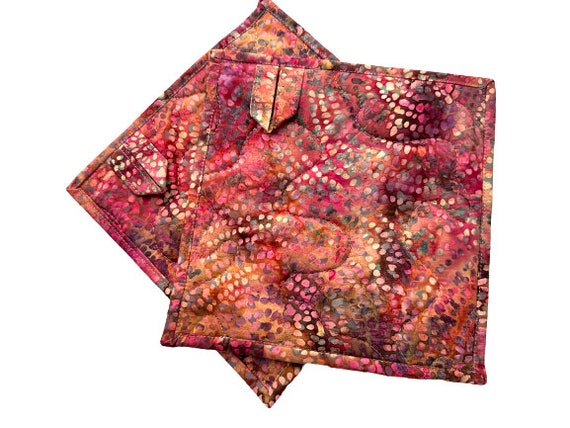 Batik Quilted Fabric Pot Holders with Pink Swirl Dot Print, with Hanging Tab Option