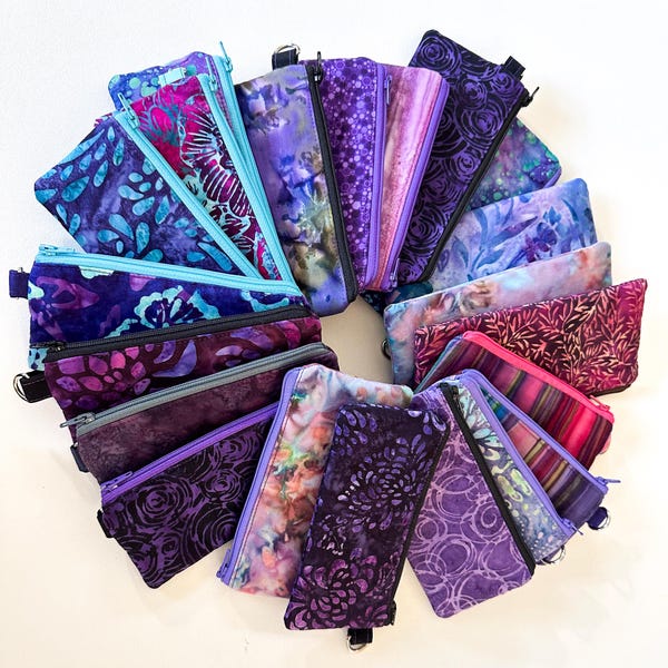 Purple Hand Dyed Padded Fabric Pouches with Pattern, Size and D Ring Options