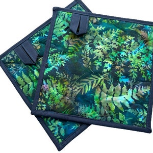 Quilted Pot Holders with Botanical Green Blue Batik Fabric, with Hanging Tab Option