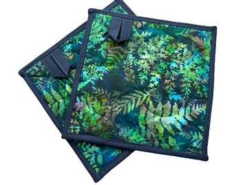 Quilted Pot Holders with Botanical Green Blue Batik Fabric, with Hanging Tab Option